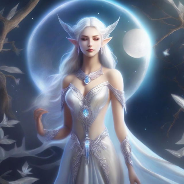 The fantasy goddess of the moon called Lunara possesses an otherworldly beauty, with luminous silver hair that reflects starlight