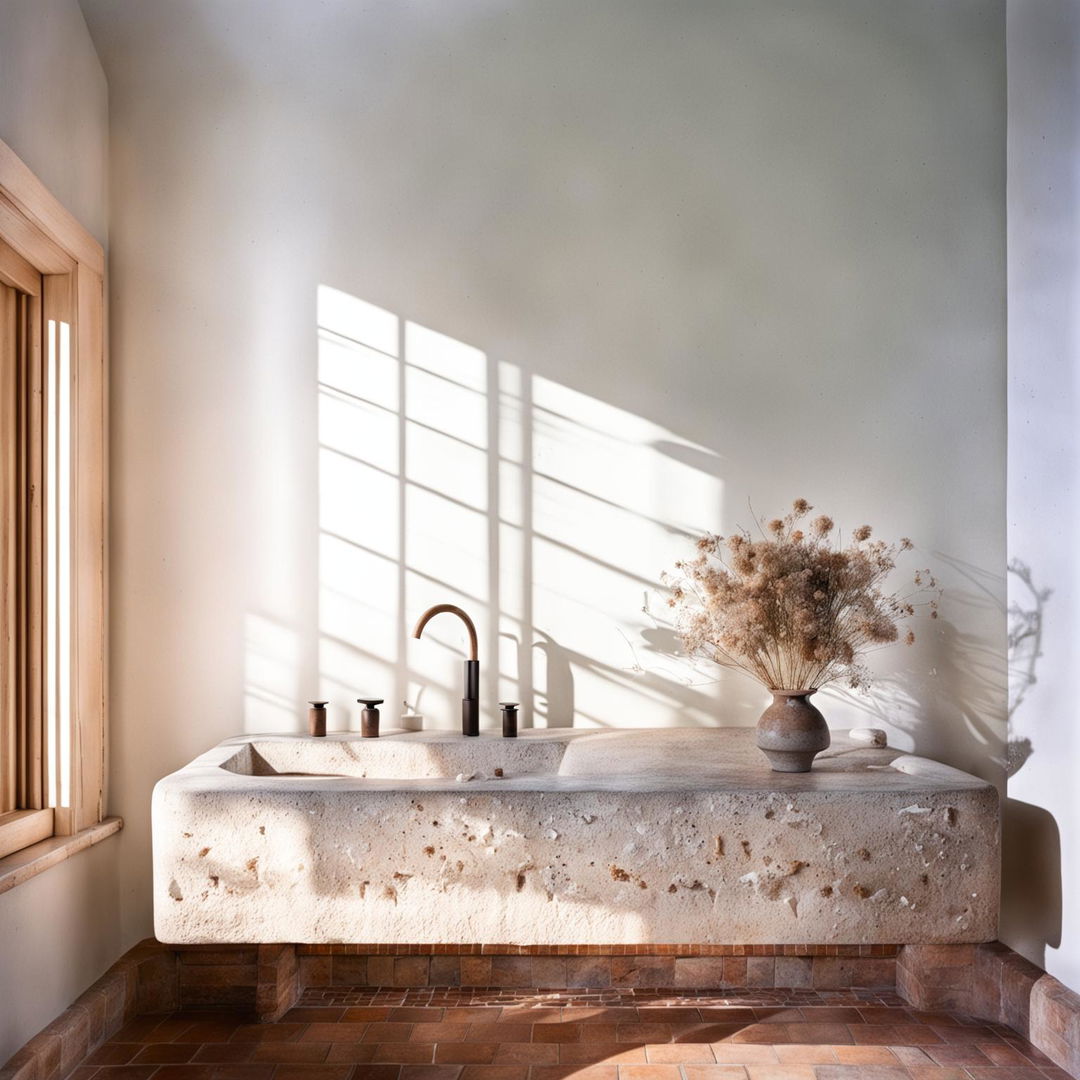 A serene bathroom with clean white plaster wall, dainty stone vanity, organic-shaped mirror, small mounted feature lamp beside the mirror, vase with dried flowers, and delicate terracotta tiles on the floor, all bathed in shards of light casting soft shadows.