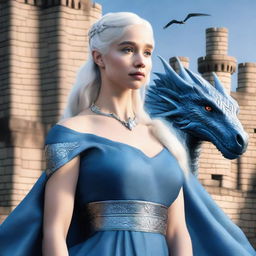 A detailed portrait of Daenerys Targaryen, the Mother of Dragons, dressed in her iconic blue dress with silver accessories