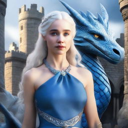 A detailed portrait of Daenerys Targaryen, the Mother of Dragons, dressed in her iconic blue dress with silver accessories