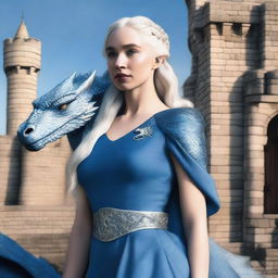 A detailed portrait of Daenerys Targaryen, the Mother of Dragons, dressed in her iconic blue dress with silver accessories