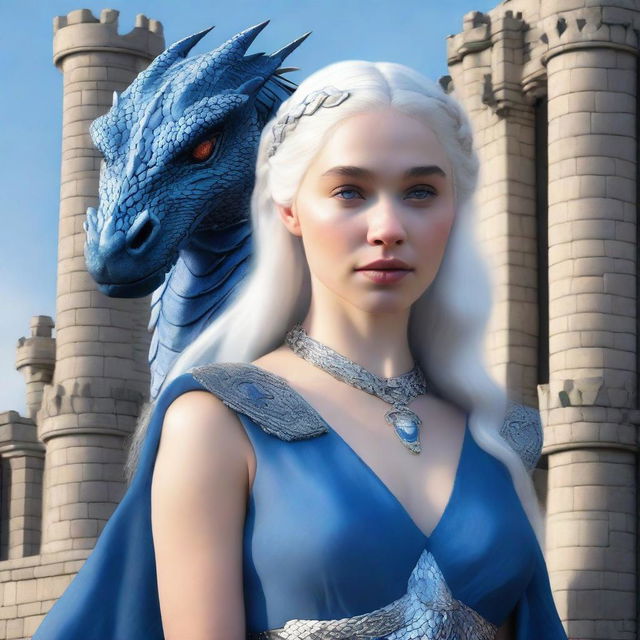 A detailed portrait of Daenerys Targaryen, the Mother of Dragons, dressed in her iconic blue dress with silver accessories