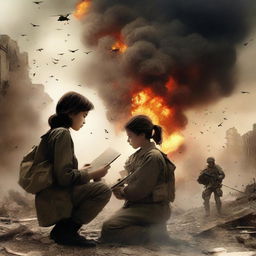 A book cover featuring a war background with soldiers and explosions, creating a dramatic and emotional atmosphere