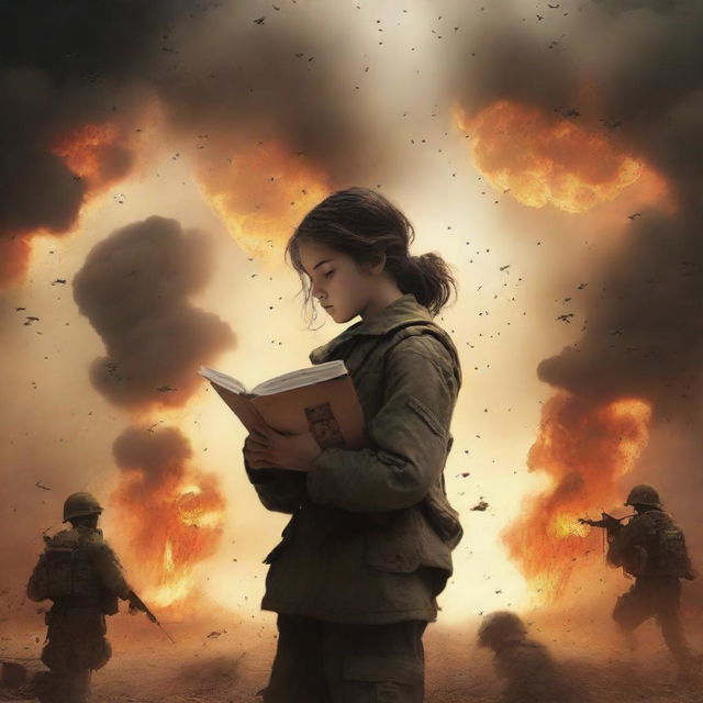 A book cover featuring a war background with soldiers and explosions, creating a dramatic and emotional atmosphere