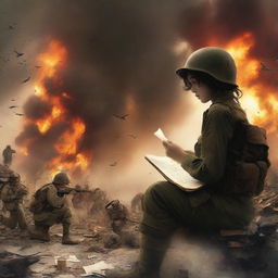 A book cover featuring a war background with soldiers and explosions, creating a dramatic and emotional atmosphere