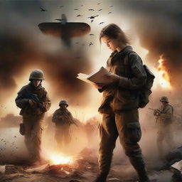 A book cover featuring a war background with soldiers and explosions, creating a dramatic and emotional atmosphere