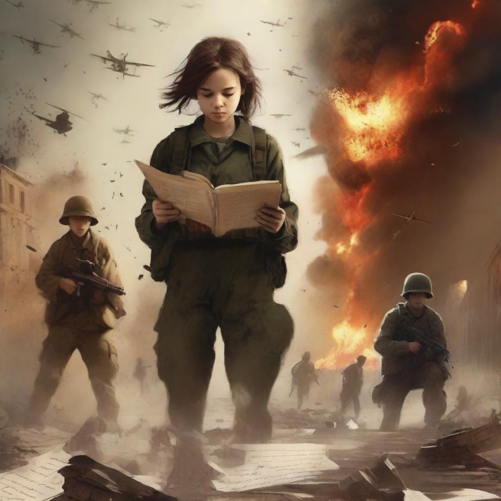 A book cover featuring a war background with soldiers and explosions, creating a dramatic and emotional atmosphere