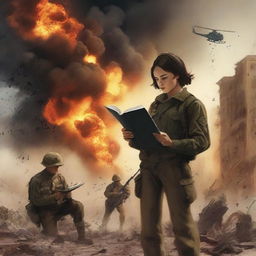 A book cover featuring a war background with soldiers and explosions, creating a dramatic and emotional atmosphere