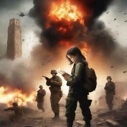 A book cover featuring a war background with soldiers and explosions, creating a dramatic and emotional atmosphere