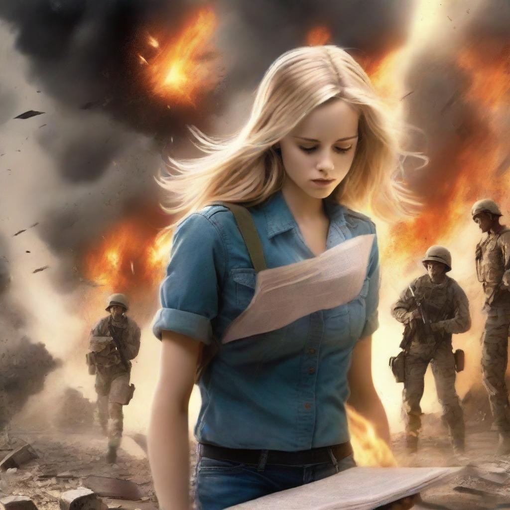 A book cover featuring a war background with soldiers and explosions, creating a dramatic and emotional atmosphere