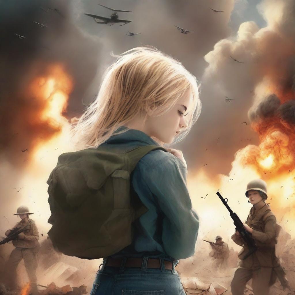 A book cover featuring a war background with soldiers and explosions, creating a dramatic and emotional atmosphere