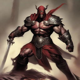 The fantasy god of glory and war called Kain is a formidable warrior, with a muscular build and a fierce countenance