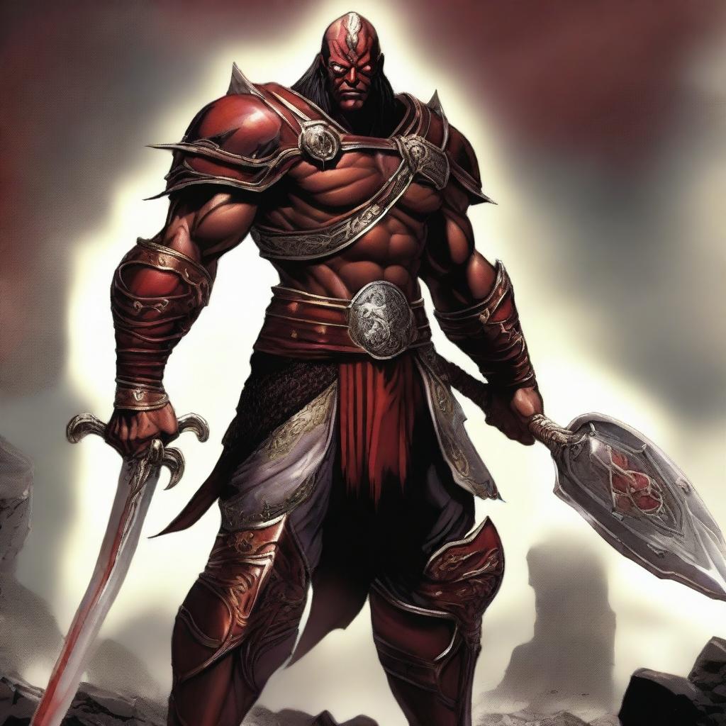 The fantasy god of honor and war called Kain is a formidable warrior, with a muscular build and a fierce countenance