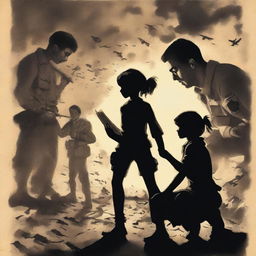 A back cover of a book featuring two parents in shadows on either side, engaged in a fight