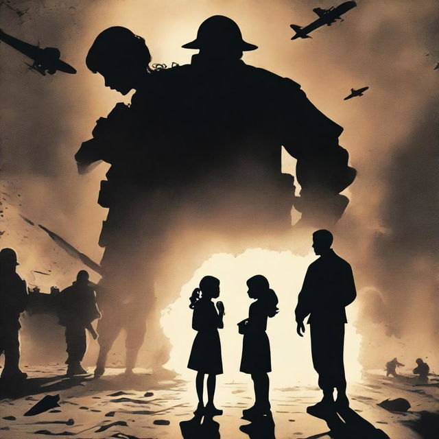 A back cover of a book featuring two parents in shadows on either side, engaged in a fight