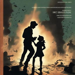 A back cover of a book featuring two parents in shadows on either side, engaged in a fight