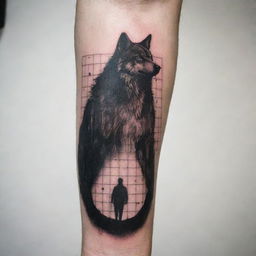 A bold tattoo design embodying the teachings of Andrew Tate, emphasizing the concept of being outside of the system. Symbols could include a lone wolf standing outside a matrix grid, or a man breaking free from chains.