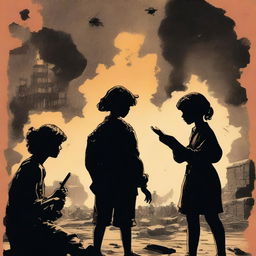 A back cover of a book featuring two parents in shadows on either side, engaged in a fight