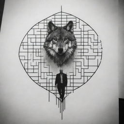 A bold tattoo design embodying the teachings of Andrew Tate, emphasizing the concept of being outside of the system. Symbols could include a lone wolf standing outside a matrix grid, or a man breaking free from chains.