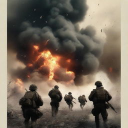 A book cover featuring a dramatic war scene with soldiers in combat, explosions, and smoke filling the air