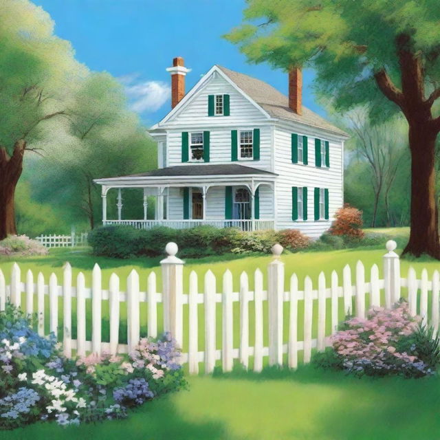 A book back cover featuring a picture-perfect house with a white picket fence