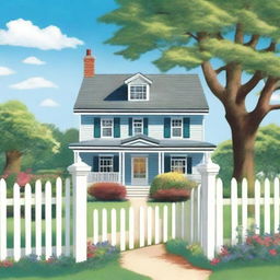 A book back cover featuring a picture-perfect house with a white picket fence