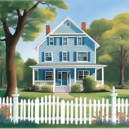 A book back cover featuring a picture-perfect house with a white picket fence