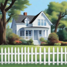 A book back cover featuring a picture-perfect house with a white picket fence