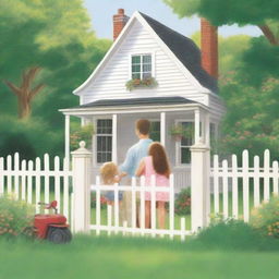 A back cover for a book featuring a picture-perfect house with a white picket fence