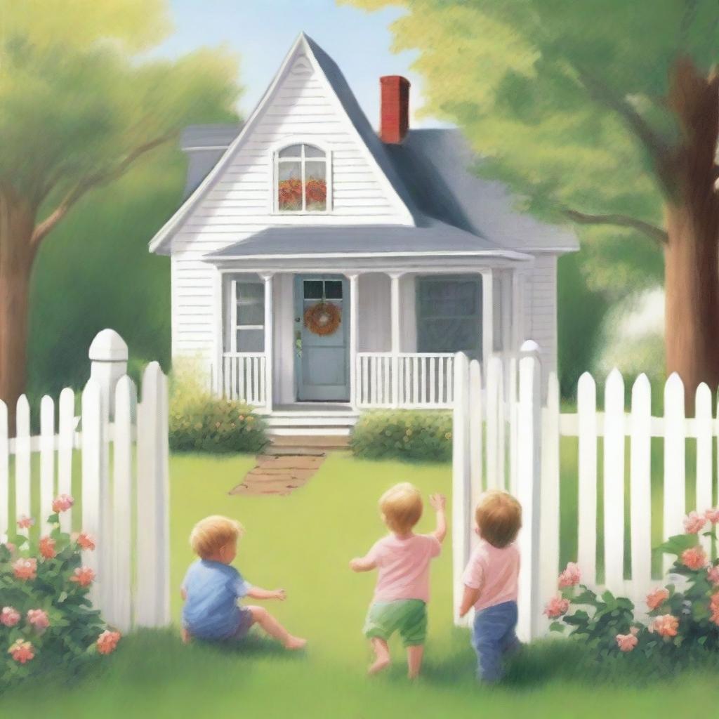 A back cover for a book featuring a picture-perfect house with a white picket fence