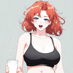 A detailed anime-style illustration of a redheaded woman with huge breasts, short hair, and full lips, wearing a tank top and black panties