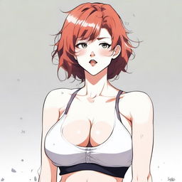 A detailed anime-style illustration of a redheaded woman with huge breasts, short hair, and full lips, wearing a tank top and black panties