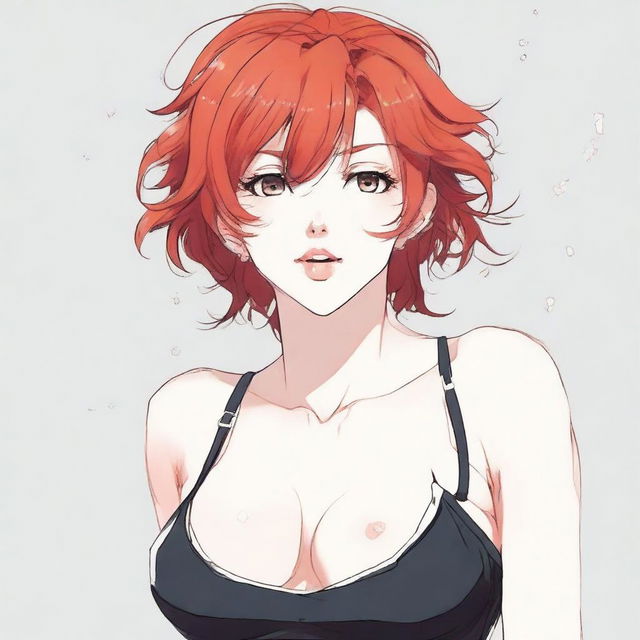 A detailed anime-style illustration of a redheaded woman with huge breasts, short hair, and full lips, wearing a tank top and black panties