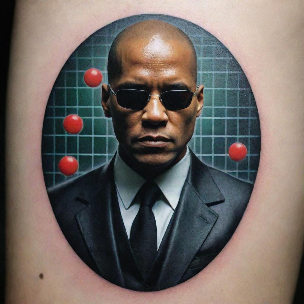 An amalgamation of Andrew Tate's teachings and The Matrix movie in a tattoo design. Depict a figure breaking out of a digital, Matrix-inspired grid, representing freedom, self-mastery, and Lawrence Fishburne's character Morpheus holding a red pill.