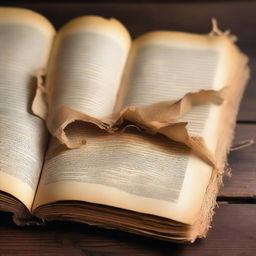 A detailed close-up image of torn pages from an old, weathered book