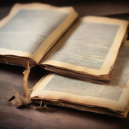 A detailed close-up image of torn pages from an old, weathered book