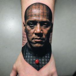 An amalgamation of Andrew Tate's teachings and The Matrix movie in a tattoo design. Depict a figure breaking out of a digital, Matrix-inspired grid, representing freedom, self-mastery, and Lawrence Fishburne's character Morpheus holding a red pill.