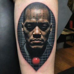 An amalgamation of Andrew Tate's teachings and The Matrix movie in a tattoo design. Depict a figure breaking out of a digital, Matrix-inspired grid, representing freedom, self-mastery, and Lawrence Fishburne's character Morpheus holding a red pill.