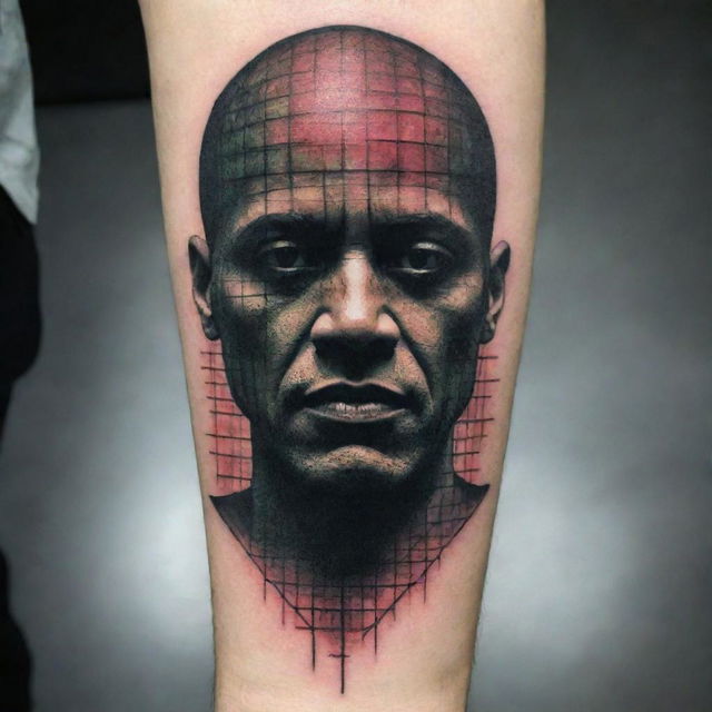 An amalgamation of Andrew Tate's teachings and The Matrix movie in a tattoo design. Depict a figure breaking out of a digital, Matrix-inspired grid, representing freedom, self-mastery, and Lawrence Fishburne's character Morpheus holding a red pill.