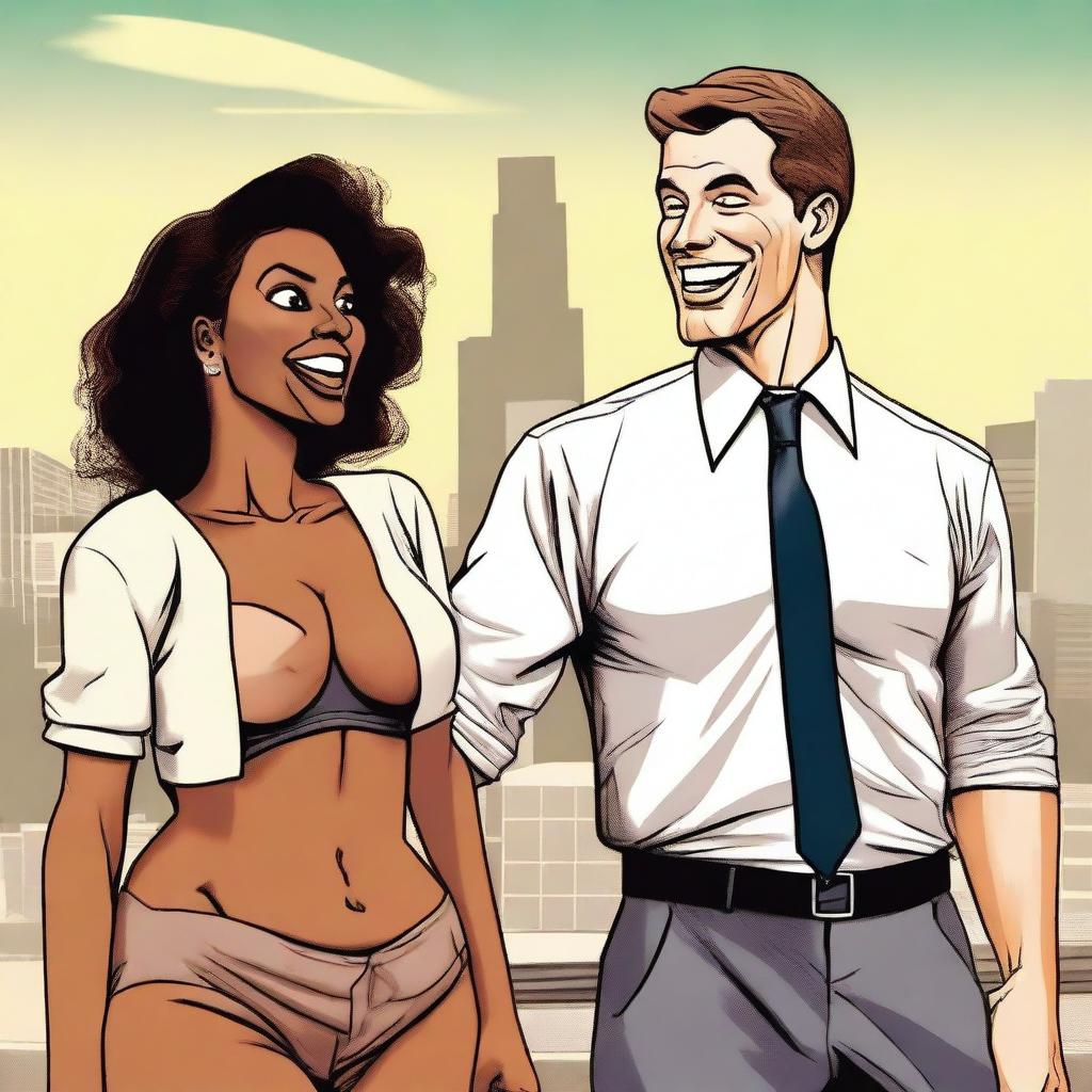 A humorous scene set in Los Angeles where a brown woman with an attractive figure and a white man have swapped bodies