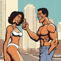 A humorous scene set in Los Angeles where a brown woman with an attractive figure and a white man have swapped bodies