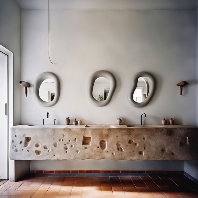 A serene bathroom with clean white plaster wall, dainty stone vanity, two organic-shaped mirrors, two small mounted feature lamps beside the mirrors, vase with dried flowers, and delicate terracotta tiles on the floor, all bathed in shards of light casting soft shadows.