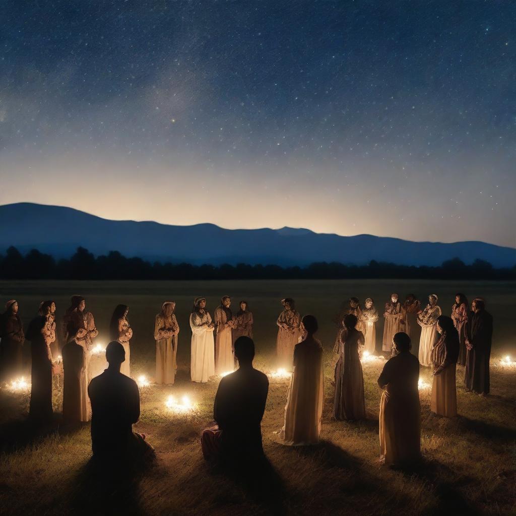 A serene night scene with a large group of people gathered in an open field, illuminated by soft, warm lights