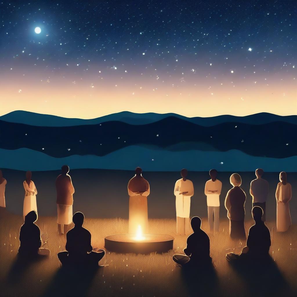 A serene night scene with a large group of people gathered in an open field, illuminated by soft, warm lights