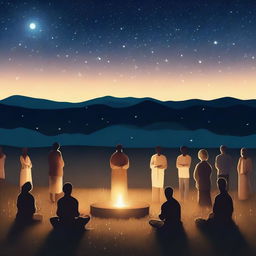 A serene night scene with a large group of people gathered in an open field, illuminated by soft, warm lights