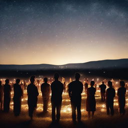 A serene night scene with a large group of people gathered in an open field, illuminated by soft, warm lights