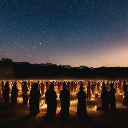 A serene night scene with a large group of people gathered in an open field, illuminated by soft, warm lights