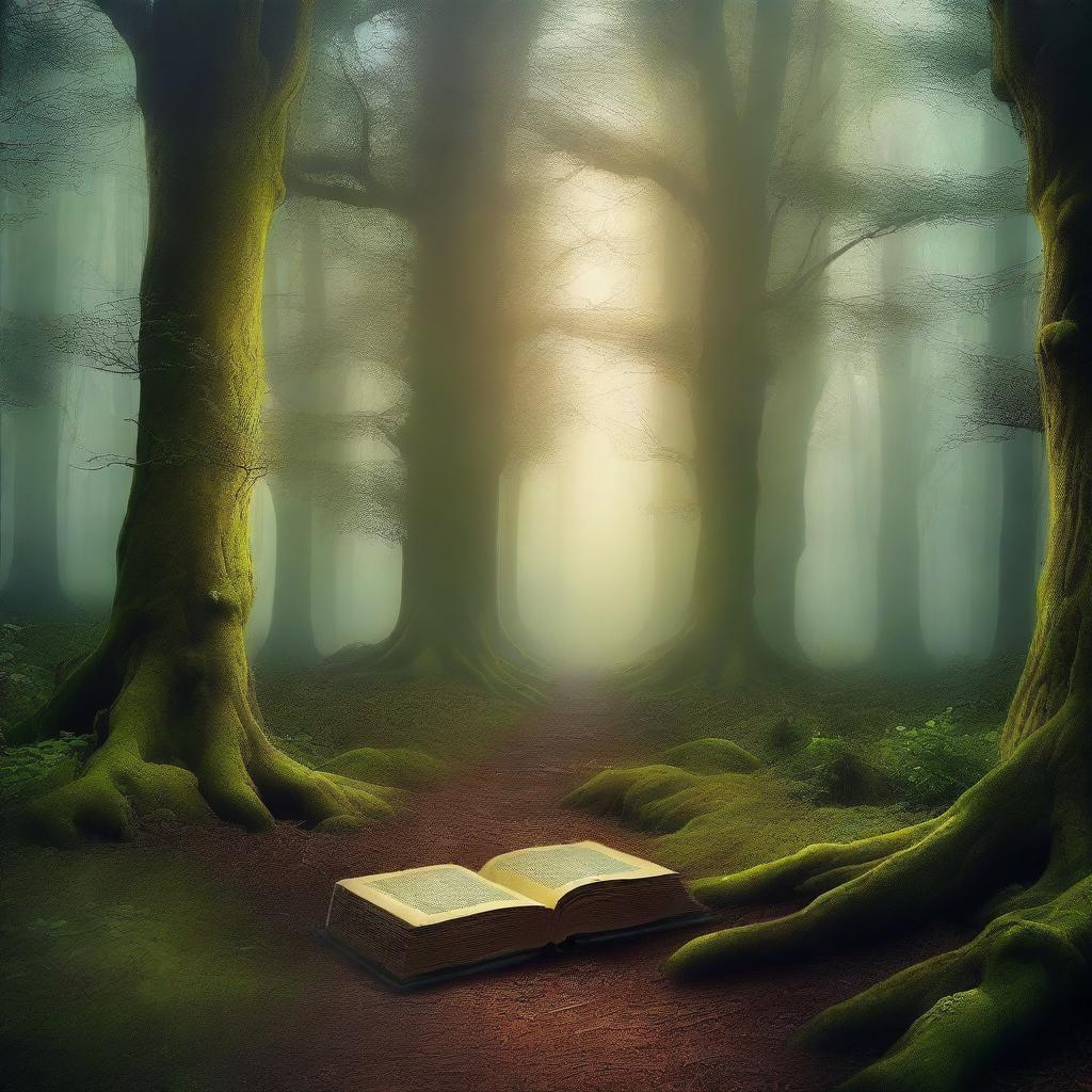 A captivating book cover featuring a mysterious forest with tall, ancient trees