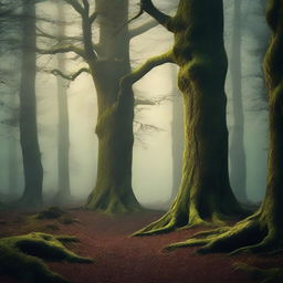 A captivating book cover featuring a mysterious forest with tall, ancient trees