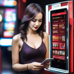 A sexy woman playing slot games on her smartphone, visiting the Djarum4D website